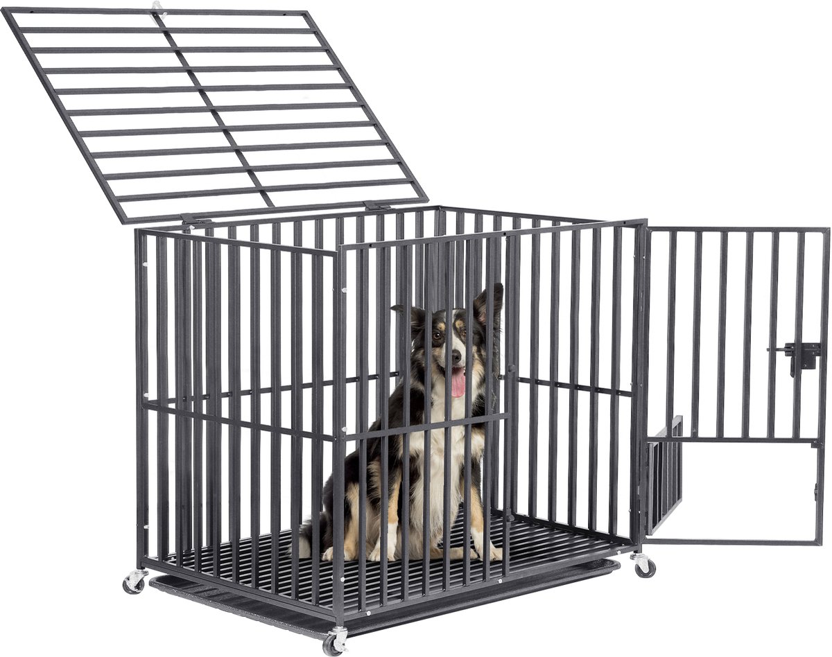 BingoPaw Robuuste Hondenbench Zware Kwaliteit Maat L - 95x57x81 cm - Metalen Hondenkooi Ontsnap-proof - Met 3 Deuren & 4 Geremde Wielen - Voor Honden tot 33kg - Zwart