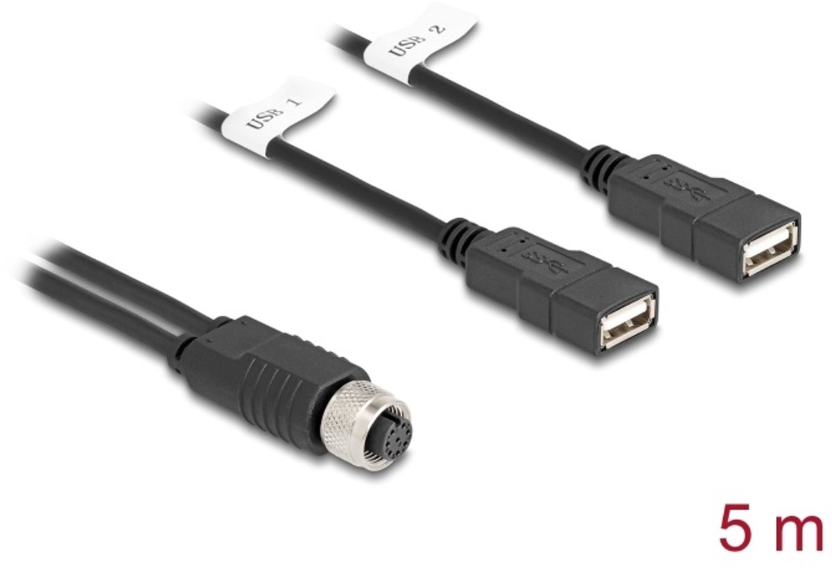 Delock M12 Cable A-coded 8 pin female to 2 x USB 2.0 Type-A female 5 m black