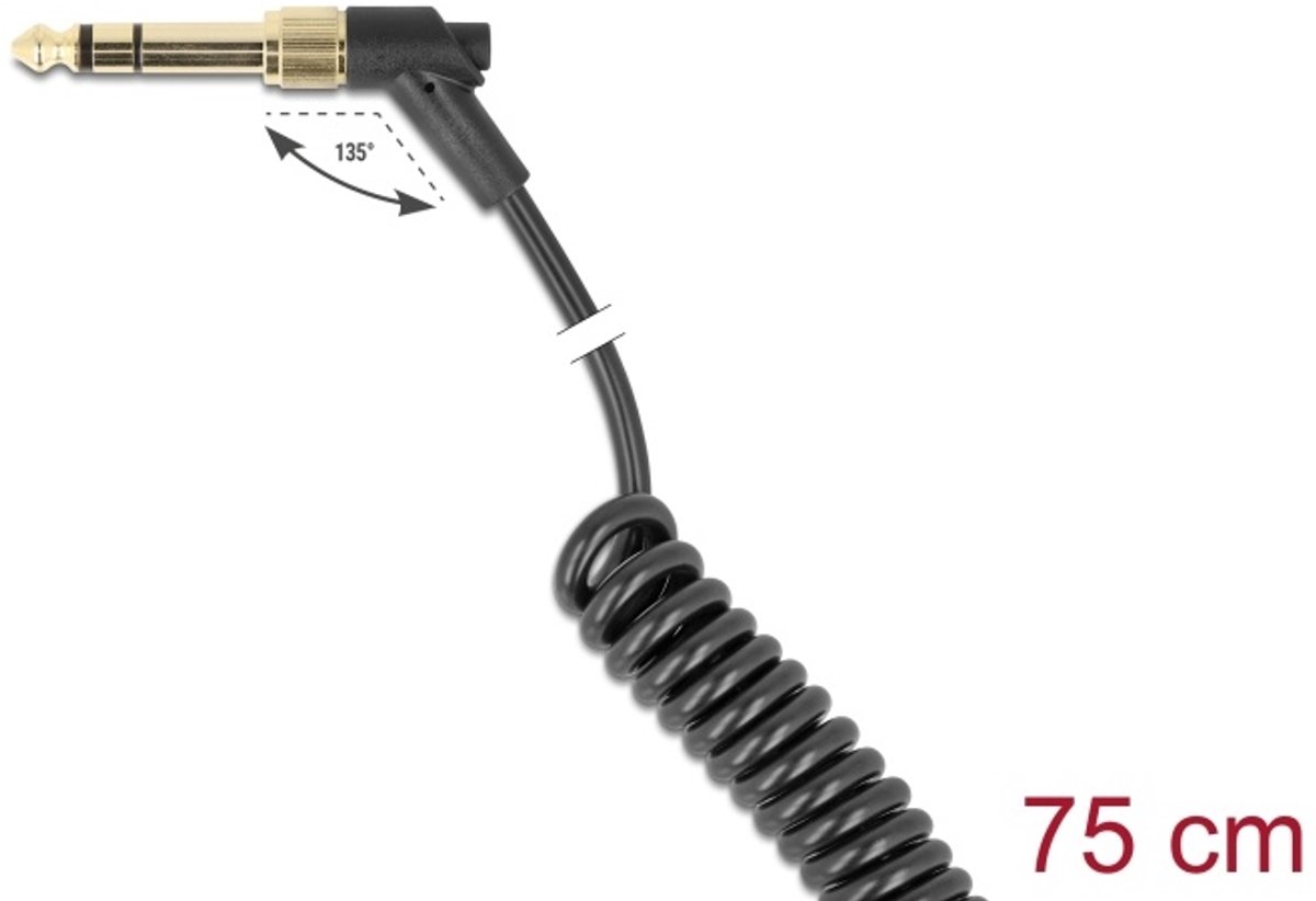 Image of Delock Coiled Cable 3.5 mm 3 pin Stereo jack male to Stereo jack male angled with screw adapter to 6.35 mm 75 cm