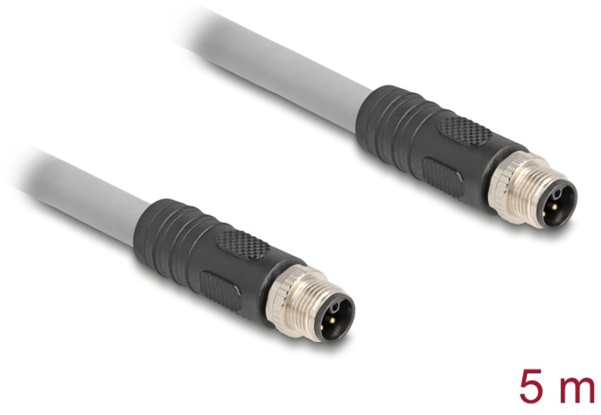 Delock M12 Cable L-coded 5 pin male to male PUR suitable for drag chains 5 m grey
