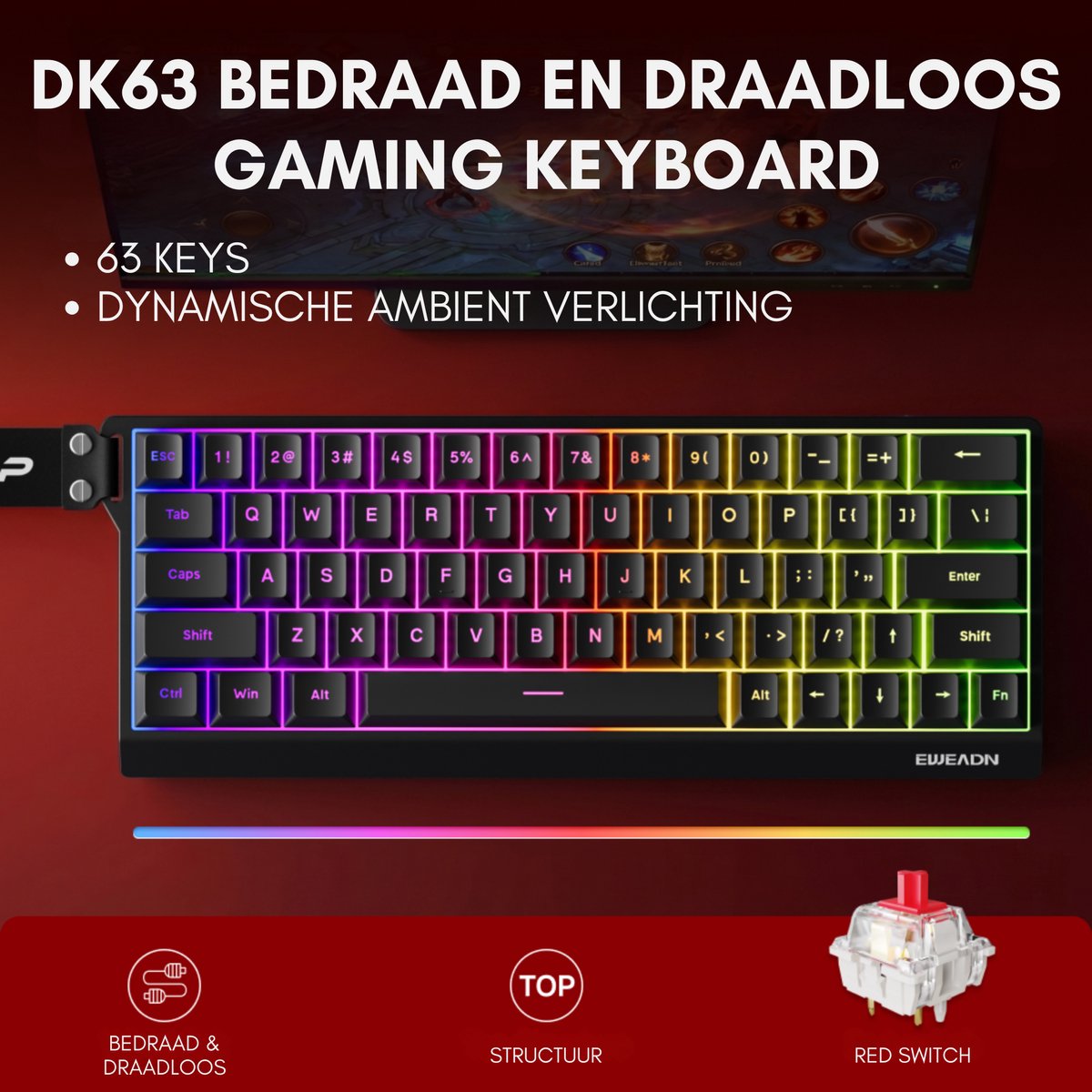 EWEADN DK63 60% Mechanisch Gaming Toetsenbord Draadloos thumbnail 3