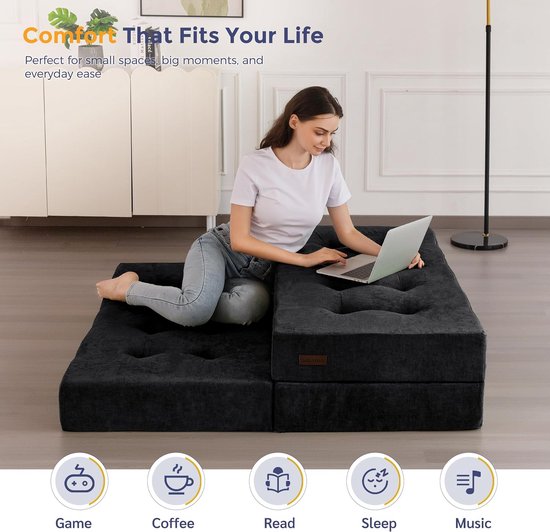 Opvouwbare Matras - Vouwmatras Futon - Logeren Kamperen - 15cm Dik Schuim - 190x90cm Enkel - Zwart — afbeelding 5