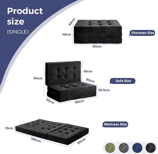 Opvouwbare Matras - Vouwmatras Futon - Logeren Kamperen - 15cm Dik Schuim - 190x90cm Enkel - Zwart — afbeelding 4