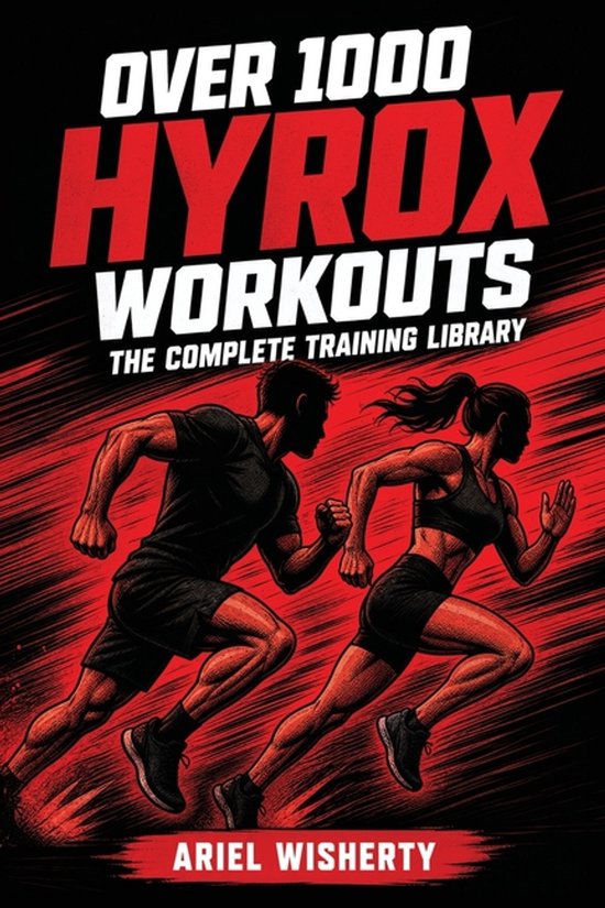 Boek 'Over 1000 Hyrox Workouts' met een man en vrouw in sportkleding die rennen. Rode en zwarte achtergrond met witte en rode tekst.