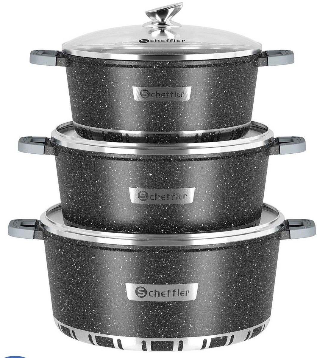Scheffler 3-delige Pannenset 32/36/40 cm – Marmeren Antiaanbak Pannen met Glazen Deksels – Inductie & Alle Kookplaten – Gezond Koken Zonder PFOA – Grote Soeppannen & Braadpannen – Aluminium Kookset
