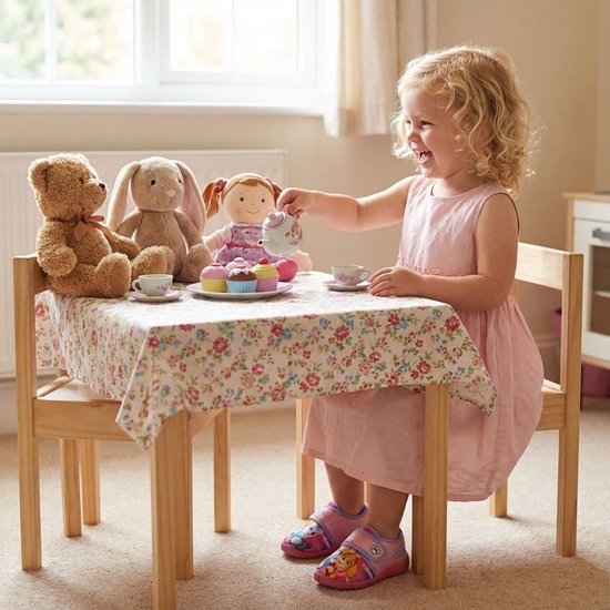 Een jong meisje zittend aan een tafeltje met een theeservies, draagt roze Paw Patrol pantoffels.