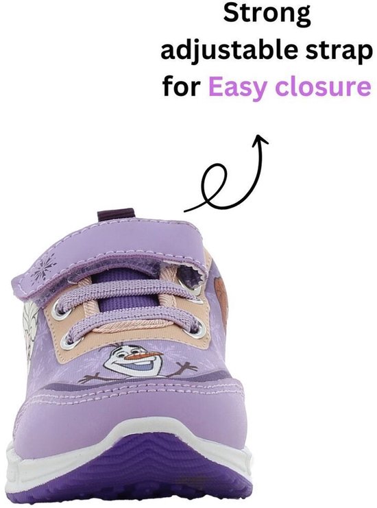 Lichtpaarse sneaker met klittenbandsluiting en veters. Opdruk van Elsa en Olaf. Verlichting in de zool.