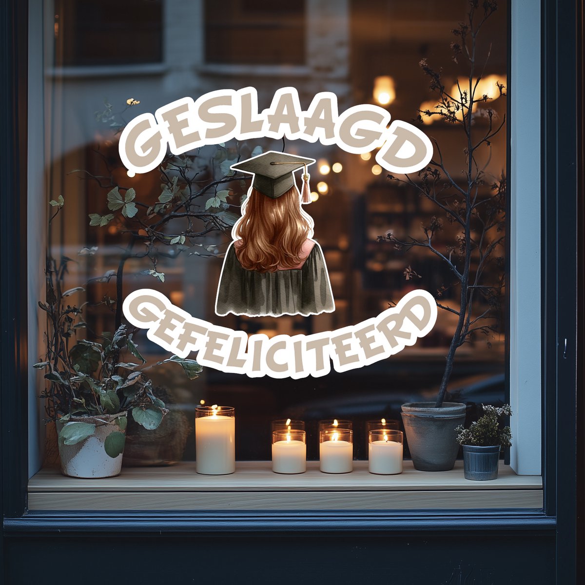 Geslaagd Raamsticker- Bruin haar- gefeliciteerd geslaagd- geslaagd cadeau- einde schooljaar-examens gehaald.