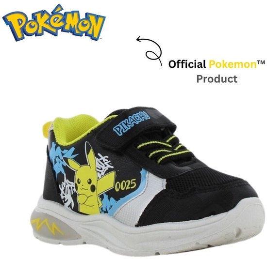 Zwarte sneaker met Pikachu opdruk, neongele accenten, klittenbandsluiting en lichtgevende zool.
