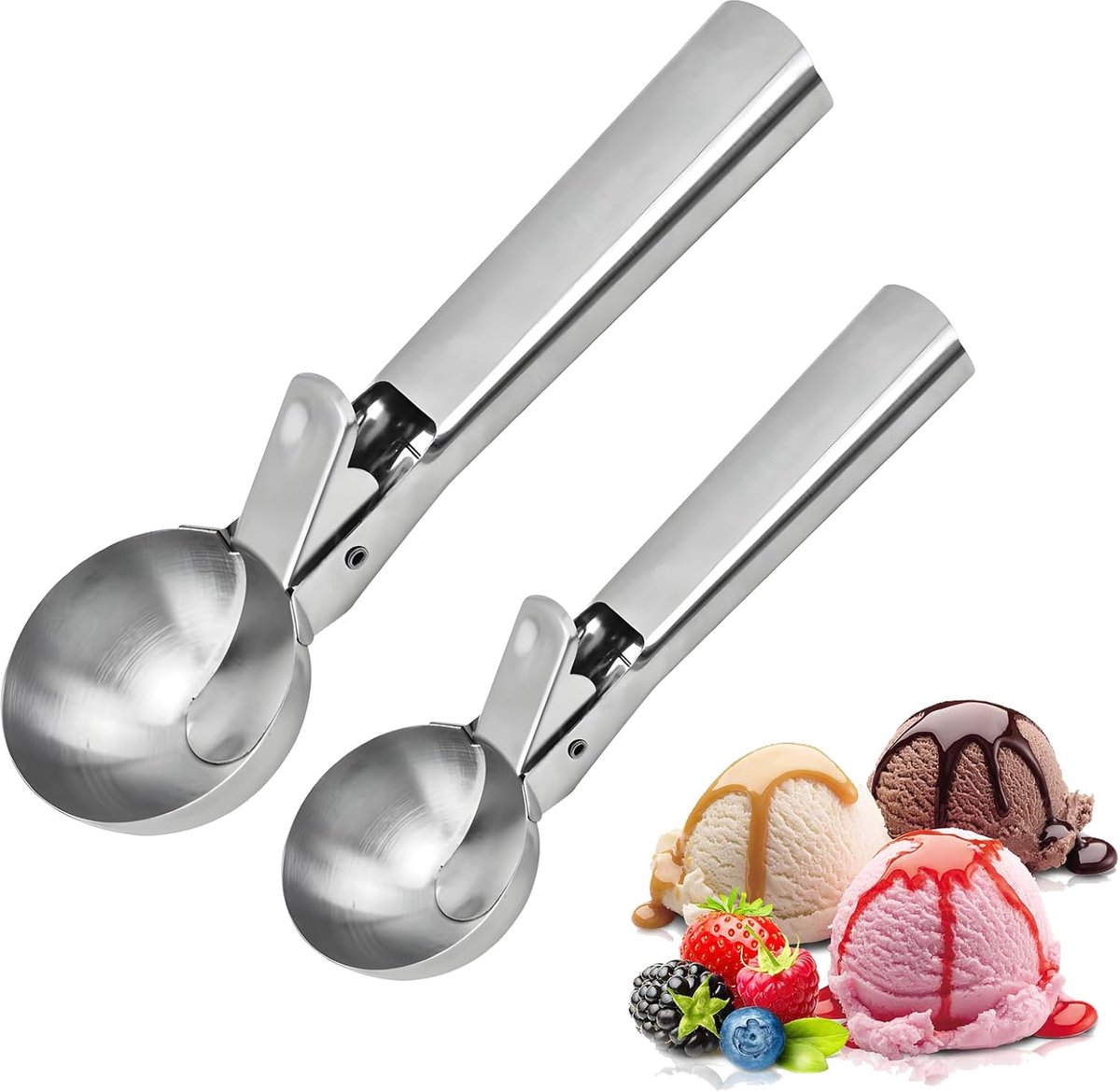 Premium Ijslepel Set Van 2 Stuks - Roestvrij Staal Met Losmechanisme - Zwaar Uitgevoerd - Vaatwasserbestendig - Voor Ijs - Bevroren Yogurt - Fruit En Sundaes