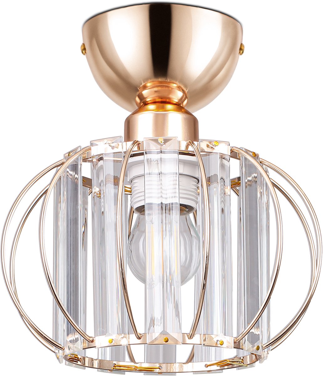 Lemlit Kristallen Plafondlamp 20 x 19 cm - Gouden Plafonnière met Metalen Kooi - E27 Fitting Max 60W - voor Hal Slaapkamer Woonkamer en Keuken - Zonder Lichtbron