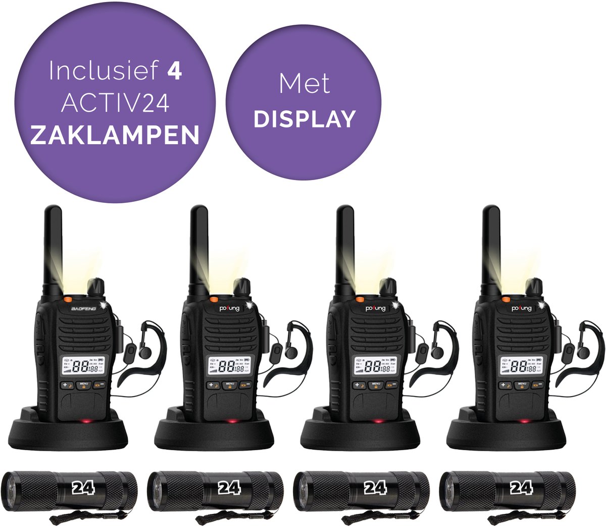Activ24™ - Set van 4x Baofeng E88 PMR portofoons met display - Geen vergunning nodig - Met display, headsets en 4x Activ24™ zaklampen - Walkie Talkie - E88 portofoon