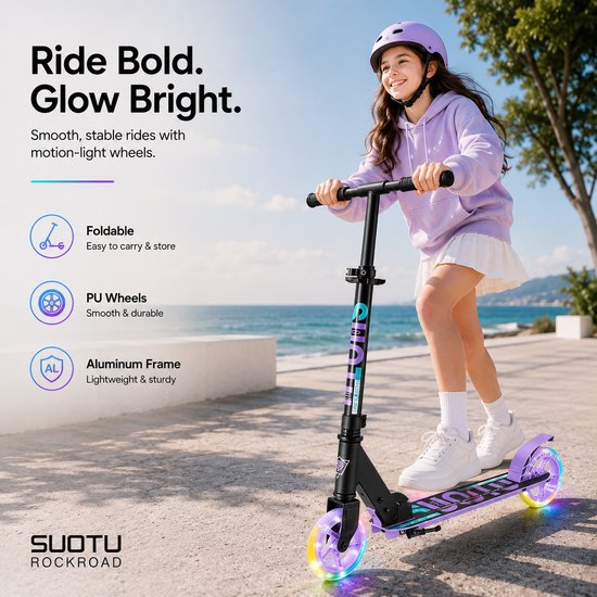 Suotu Kinderstep - 145mm Lichtgevende Wielen - Step - Speelgoed Jongens/Meisjes - Max stuurhoogte: 85 cm - Aluminium - Zwart/Paars