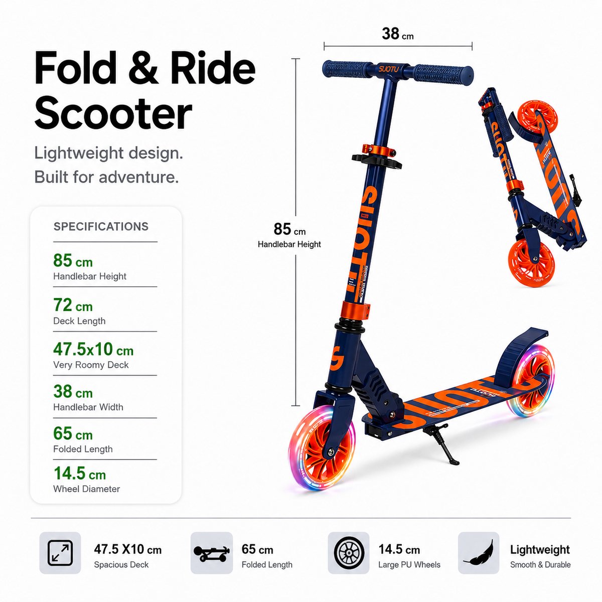 Suotu Kinderstep - 145mm Lichtgevende Wielen - Step - Speelgoed Jongens/Meisjes - Max stuurhoogte: 85 cm - Aluminium - Blauw/Oranje — afbeelding 7