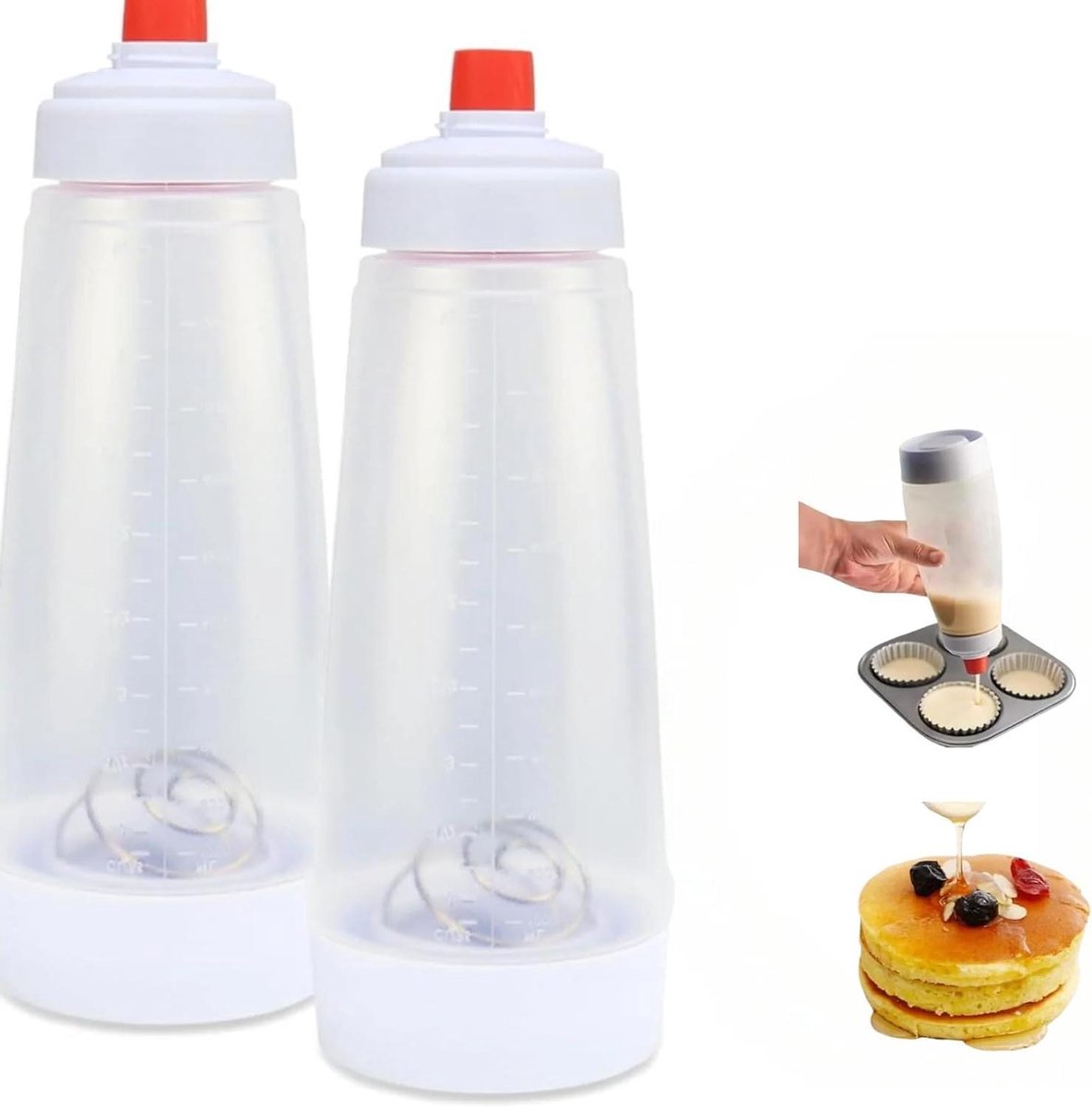 Beslag Mixer Dispenser - Pannenkoek Fles - Bakken Maken - Met Garde Bal - 1000 ml - Transparant