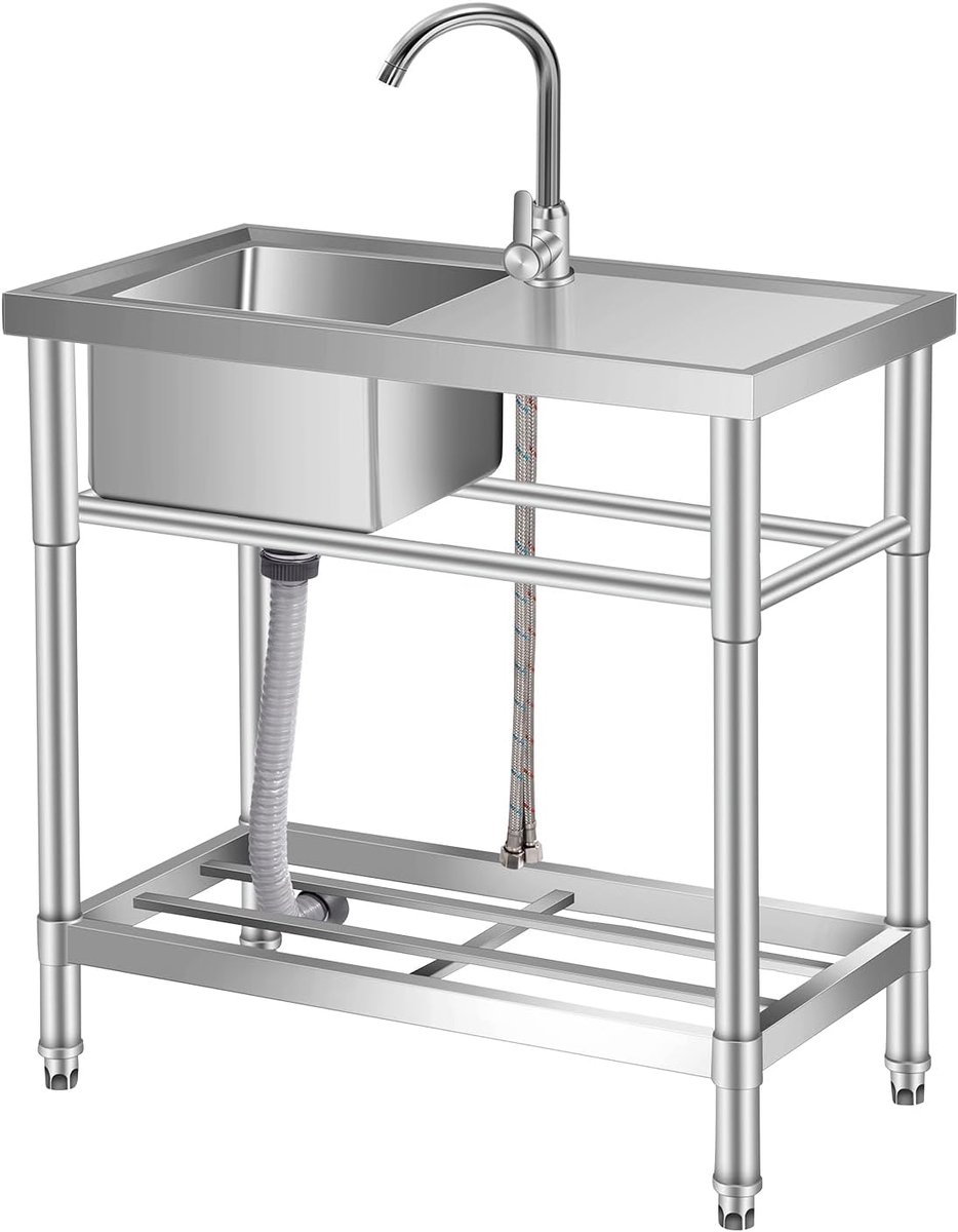 Professionele RVS Spoelbak met Werkblad – Inclusief Mengkraan & Onderplank – Vrijstaande Wastafel – 76 cm – Hoogwaardig RVS 304 – Voor Keuken, Garage & Buiten