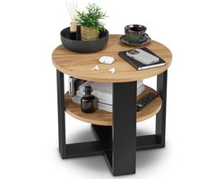 defiPad Salontafel Rond Ø53 cm - Bijzettafel - Zwart + Eiken Craft met Plank