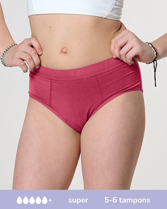 Close-up van roze hipster onderbroek met roze tailleband. Markeringen geven aan 'super' en '5-6 tampons'.
