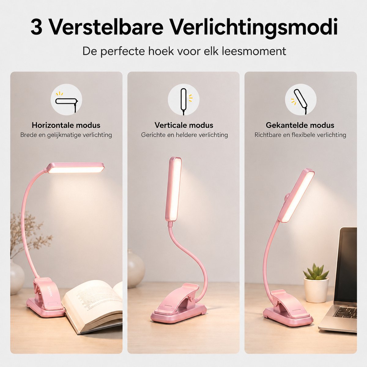 Sounix LED Leeslampje voor Boek met Klem - 315° draaibaar Leeslamp - 24 LED - Boeklampje met 3 Lichtstanden - Oplaadbare boeklamp USB - Dimbaar - Roze — cadeau in Gadgets - foto 7