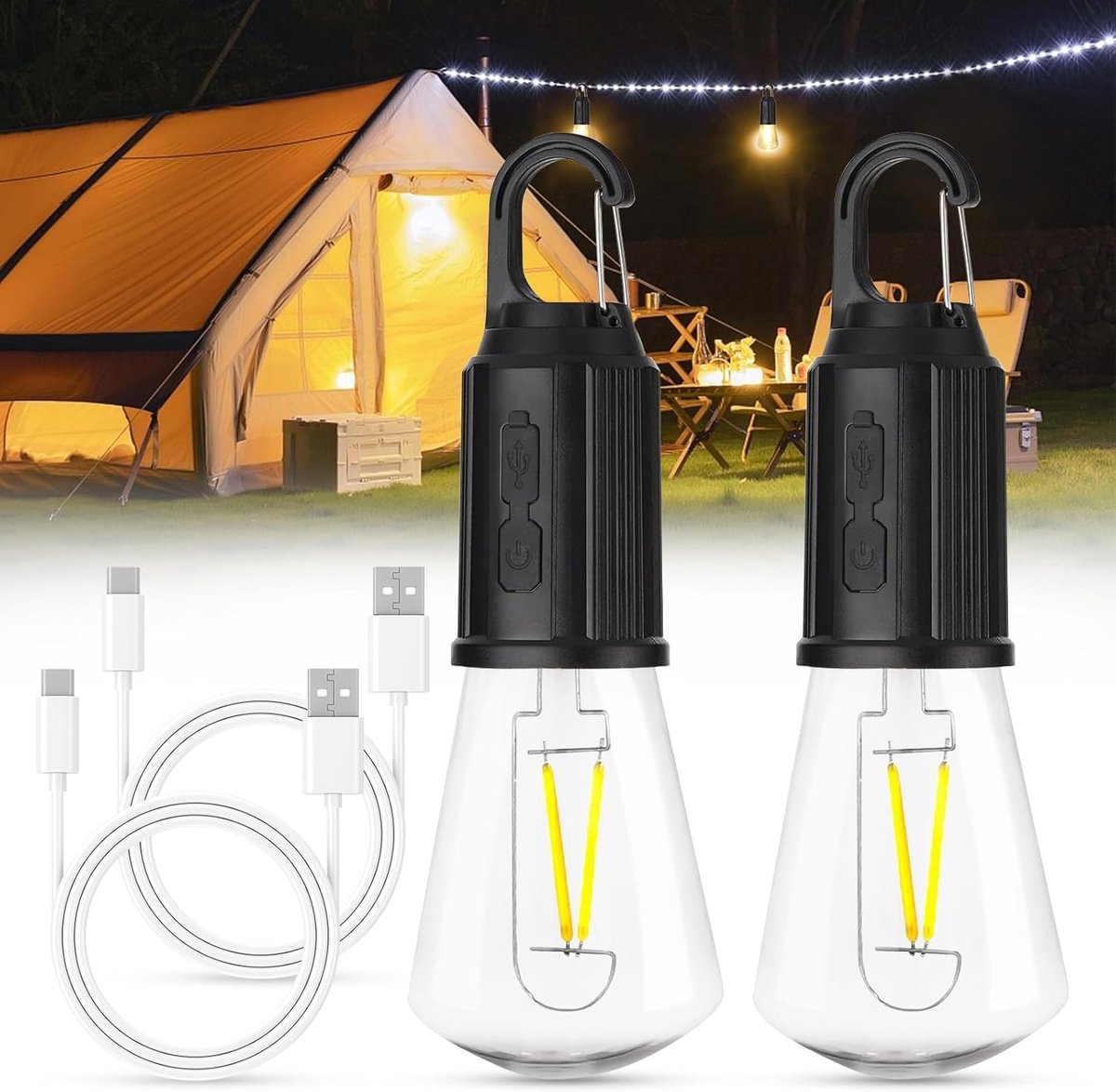 Campinglamp met haak - 2 stuks - Kampeerlamp - LED tentlantaarn - LED kamplantaarn - Tentlamp Oplaadbaar - Zaklamp - Powerbank - Lamp op zonne energie - Voor wandelen, tuin, vissen, noodlicht, buitenactiviteiten - Zwart