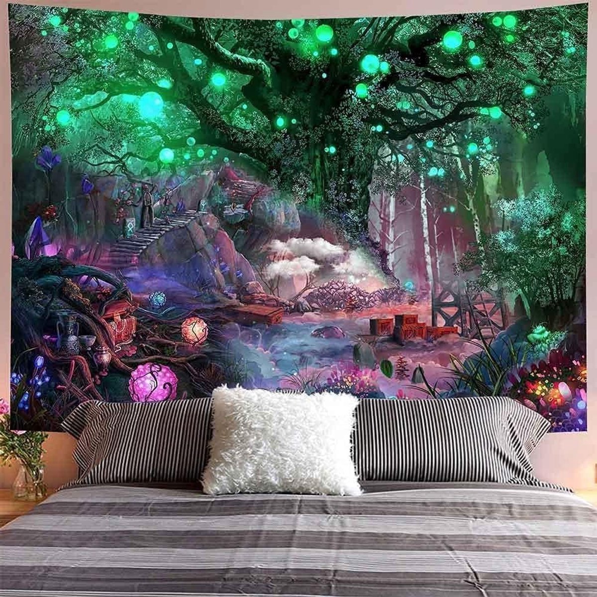 Psychedelische Boom des Levens Wandtapijt - Maan en Zon Decoratie - Trippy Vloerkleed (150 x 130 cm) voor Unieke Interieurstyling