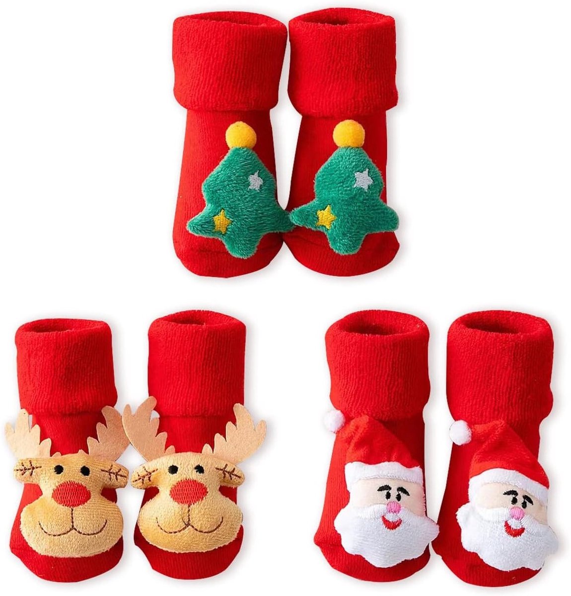 Kerstsokken voor Baby's en Peuters - 3 Paar Antislip Sokken voor Jongens en Meisjes van 0-12 Maanden, Rood en Comfortabel