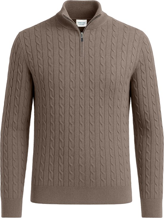 Pull taupe torsadé à demi-fermeture éclair, logo Vercate sur la poitrine.