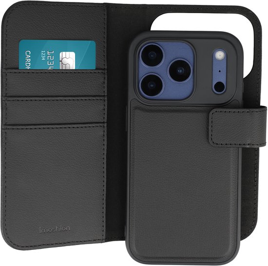 Zwart telefoonhoesje met kaarthouders, een uitneembare backcover en een telefoon.