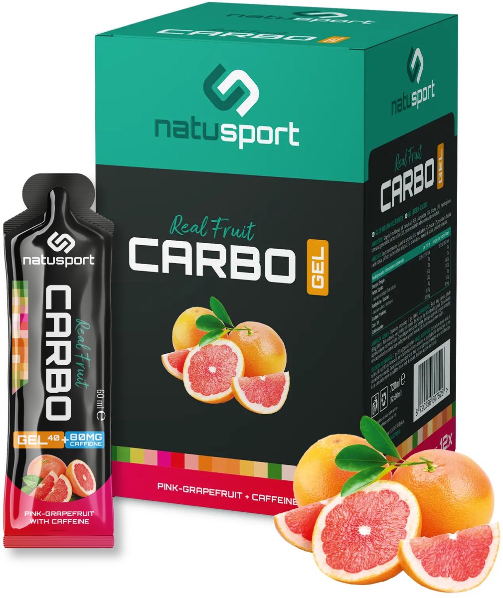 Natusport Real Fruit Carbo Gel - 40 gram koolhydraten - Energiegel met Echt Fruit en Cafeïne - Pink Grapefruit - 12 stuks