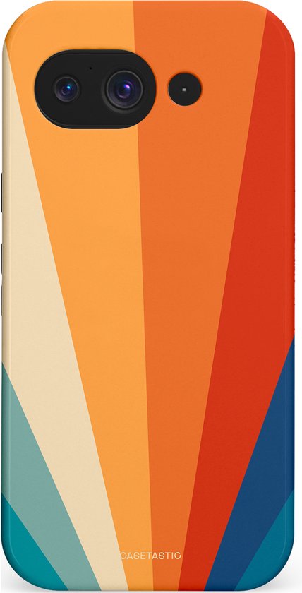 Telefoonhoes met retro zonnestralen in oranje, rood, crème, blauw en groen. De camera-uitsparing is zichtbaar.