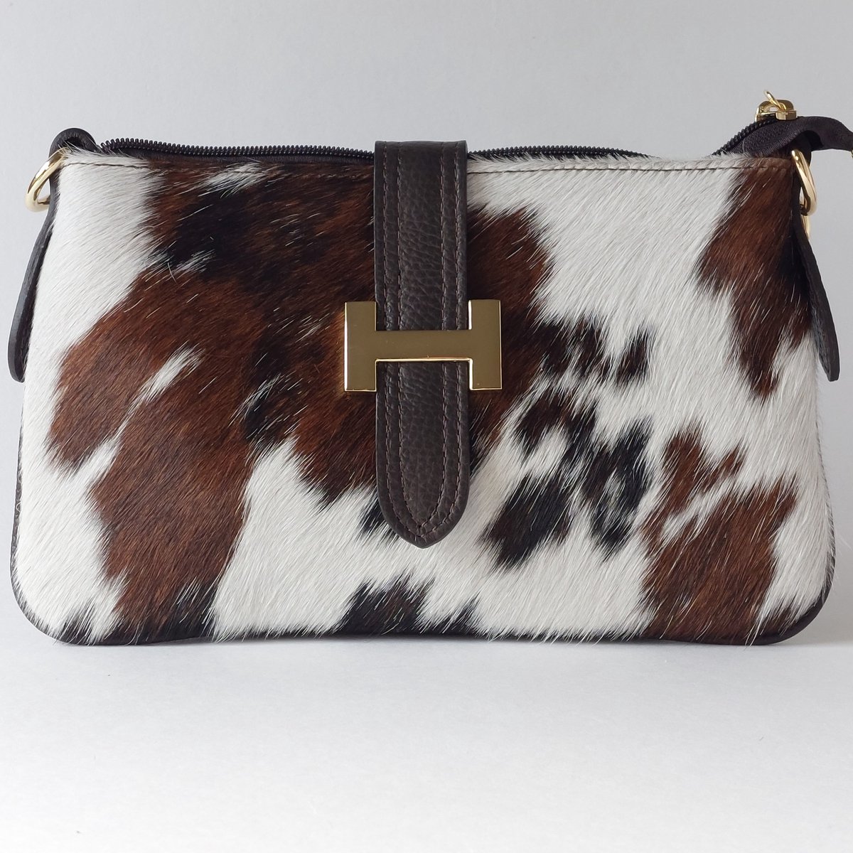 leren crossbody dames bruin dierprint - Italiaans design handtas met gouden H logo - schoudertas luxe eyecatcher - made in Italy kwaliteit