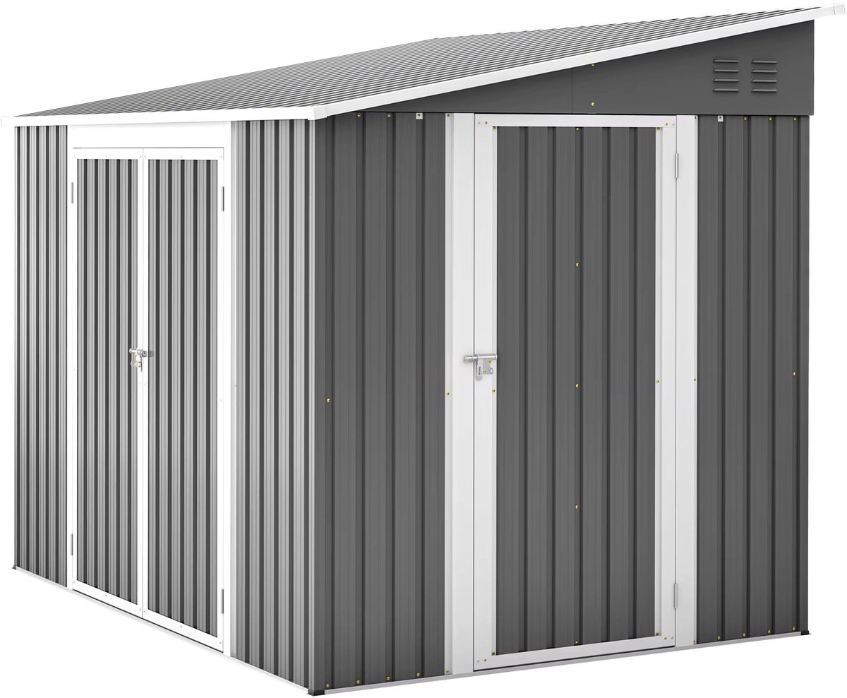 Metalen tuinschuur – Voor terras en achtertuin – Grote berging met dubbele deuren en slot – Grijs – Afmetingen: 183 x 244 cm