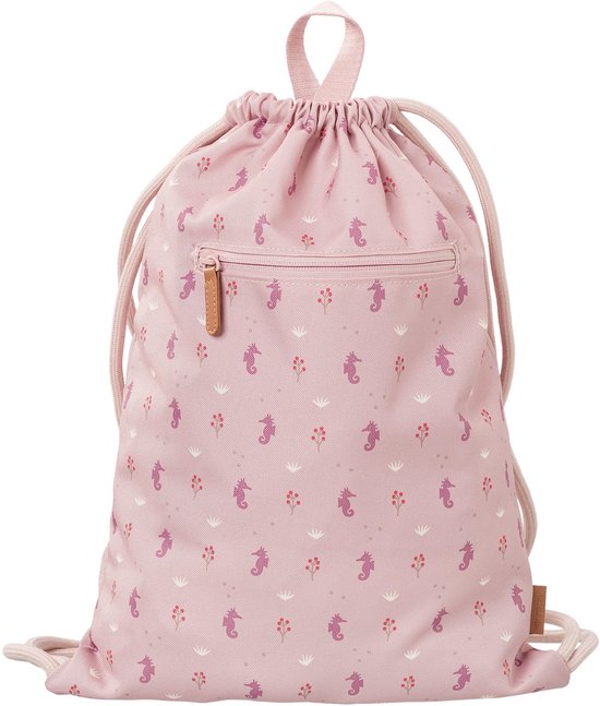 Sac de sport rose pâle avec un imprimé intégral d'hippocampes et de petites fleurs. Dispose d'une fermeture à cordon et d'une poche zippée.