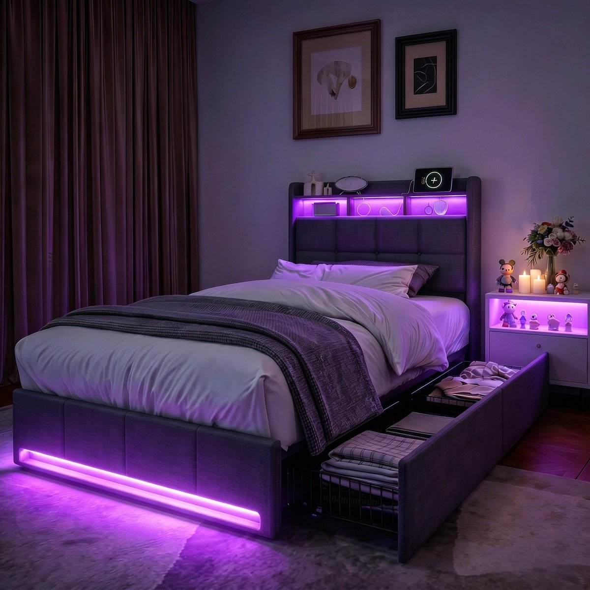 SHOPENTRA Eenpersoonsbed 90x200 cm – Grijs Linnen Opbergbed met Lades, LED-verlichting en Oplaadpoorten