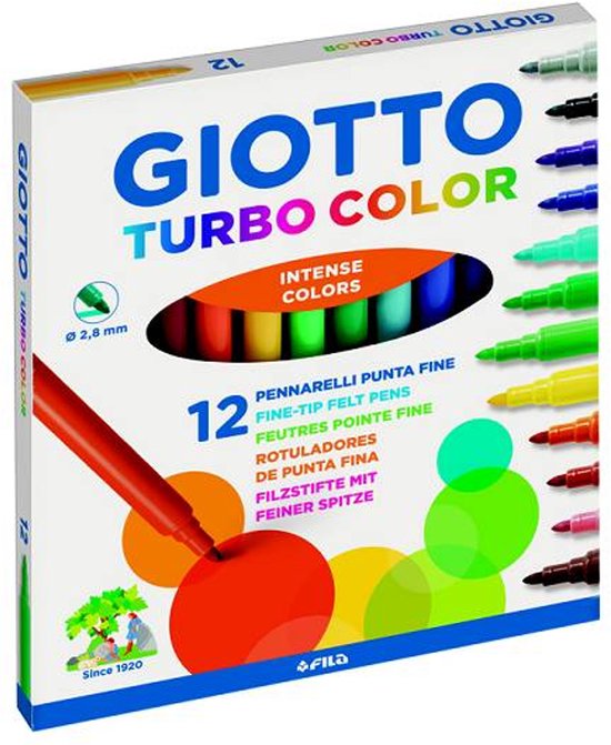 Doos met 12 Giotto Turbo Color viltstiften met fijne punt, met intense kleuren zoals rood, oranje, geel, groen, blauw, paars en zwart.