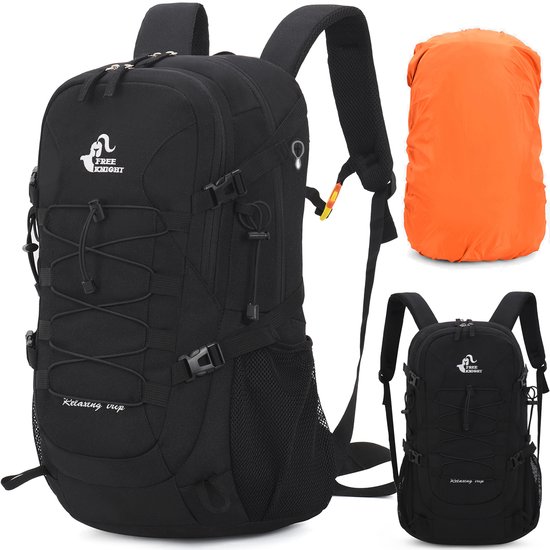 Zwarte wandelrugzak met oranje regenhoes en kleinere afbeeldingen.