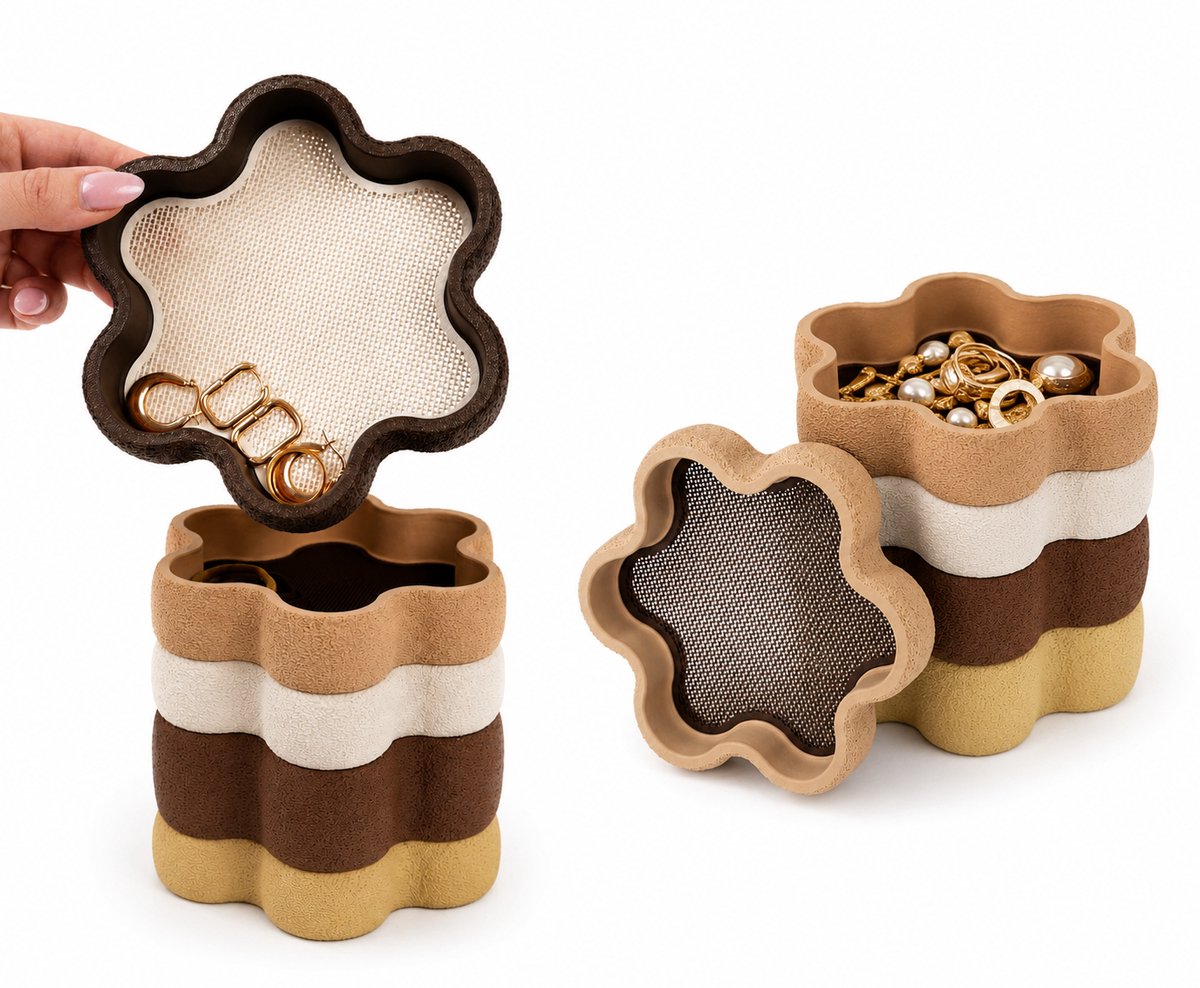 Juwelen Doos met Deksel - Decoratieve Sieraden Organizer - Bloemvormige Opbergdoos voor Ringen, Oorbellen & Kettingen - Beige/Bruin