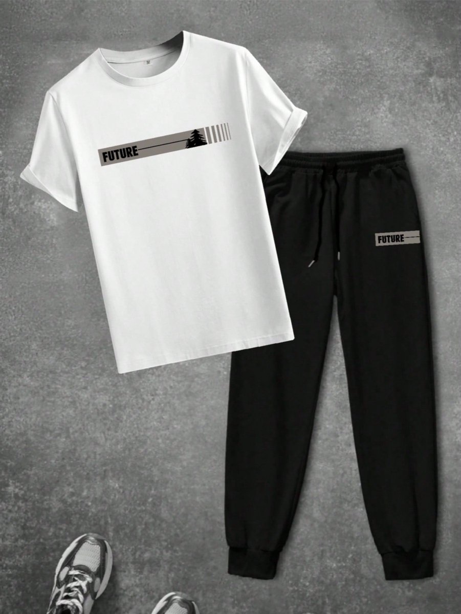 Modieuze en Comfortabele Heren Set met Wit T-shirt en Zwarte Joggingbroek met 'Future' Print voor Stijlvolle Vrijetijdskleding - L-XL
