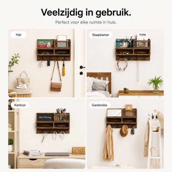 Voorbeelden van gebruik van een donkerbruin houten wandrek met memobord, brievenhouder en legplanken in hal, slaapkamer, kantoor en garderobe.