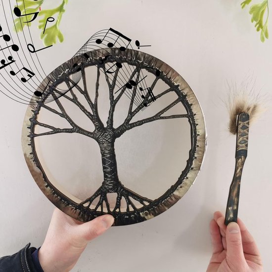 Sjamaan Trommel - Handgemaakte Trommel - Spirit Muziek - Levensboom Symbool - 25 cm Diameter - Bruin — afbeelding 3