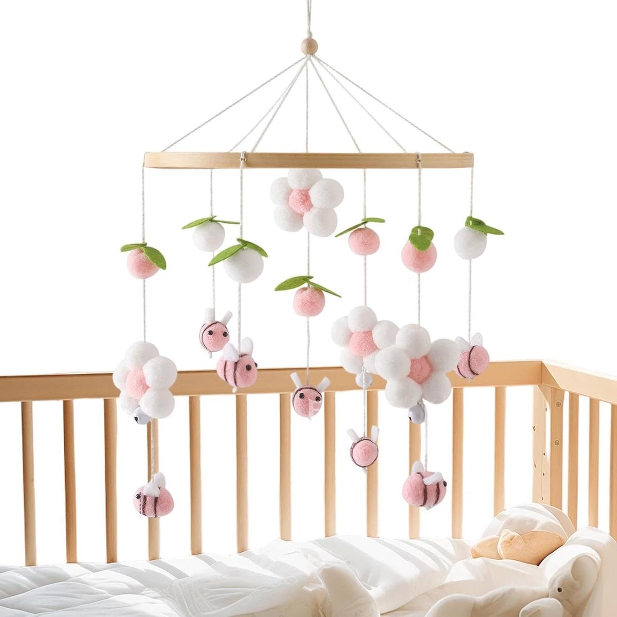 Wiegmobiel Kinderkamer - Speelgoed Decoratie - Baby Ontwikkeling - Stevig Houten Ontwerp - 41x23 cm - Roze