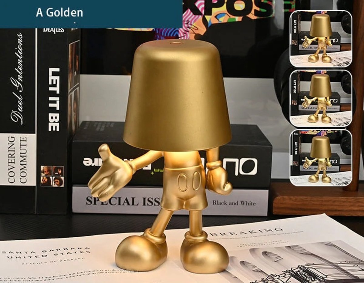 SUMOH® Gouden Mickey Tafellamp – Draadloze LED Touch Lamp – Dimbaar – USB-C Oplaadbaar – Modern Design