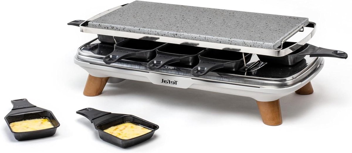 Gourmet Raclette - Steengrill Apparaat - Gezellig Tafelen - 2-in-1 Functie - 8 Diepe Schalen - Houtlook Poten
