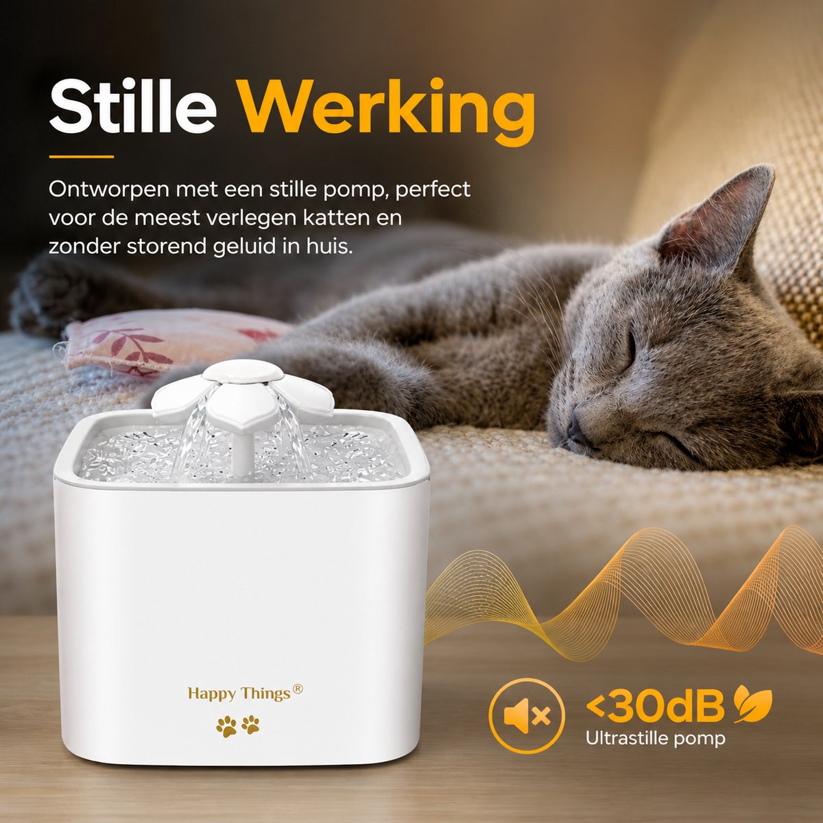 Happy Things® Drinkfontein Kat & Hond GOLD – 2.5L Geruisloze Kattenfontein met 4 Filters – Stijlvolle Waterfontein – Gezonde Hydratatie voor Huisdieren thumbnail 6