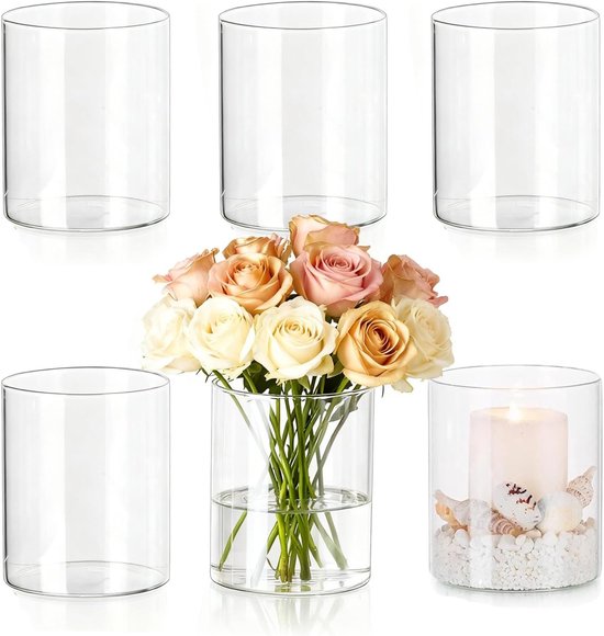 Set van 6 heldere glazen cilinders voor kaarsen en bloemen, 8 x 6,5 cm, perfect voor tafeldecoratie en als lantaarn