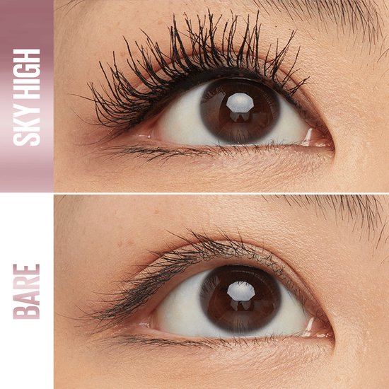 Voor- en nafoto van een oog met mascara. 'SKY HIGH' vs 'BARE'.