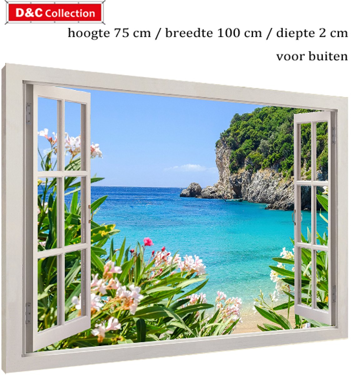 D&C Collection Doorkijk tuinposter zeezicht ophangklaar - 75x100x2 cm - canvas - bloemen poster met zeezicht - rotsen modern venster - tuinschilderij - tuindoek grijs/wit, blauw, rose, groen
