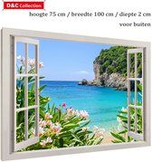 D&C Collection - doorkijk tuinposter op frame - 75x100x2 cm - canvas - bloemen zee rotsen modern venster tuinschilderij