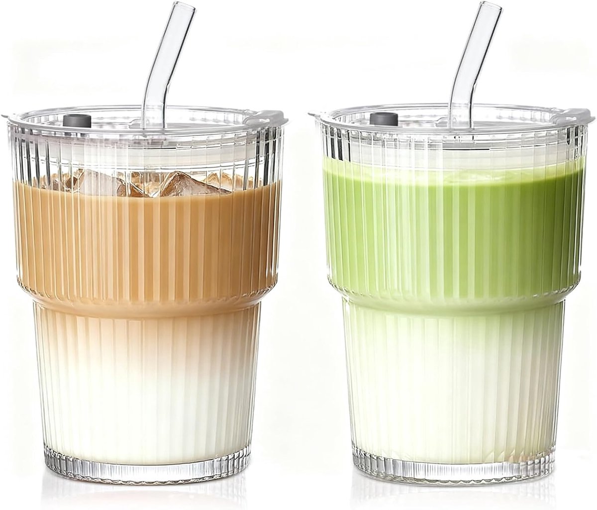 Glazen Smoothiebekers 400ml met Deksel & Rietje | Luchtdicht & Waterdicht | Koffiebeker / Reisbeker / Drinkglas | Set van 2