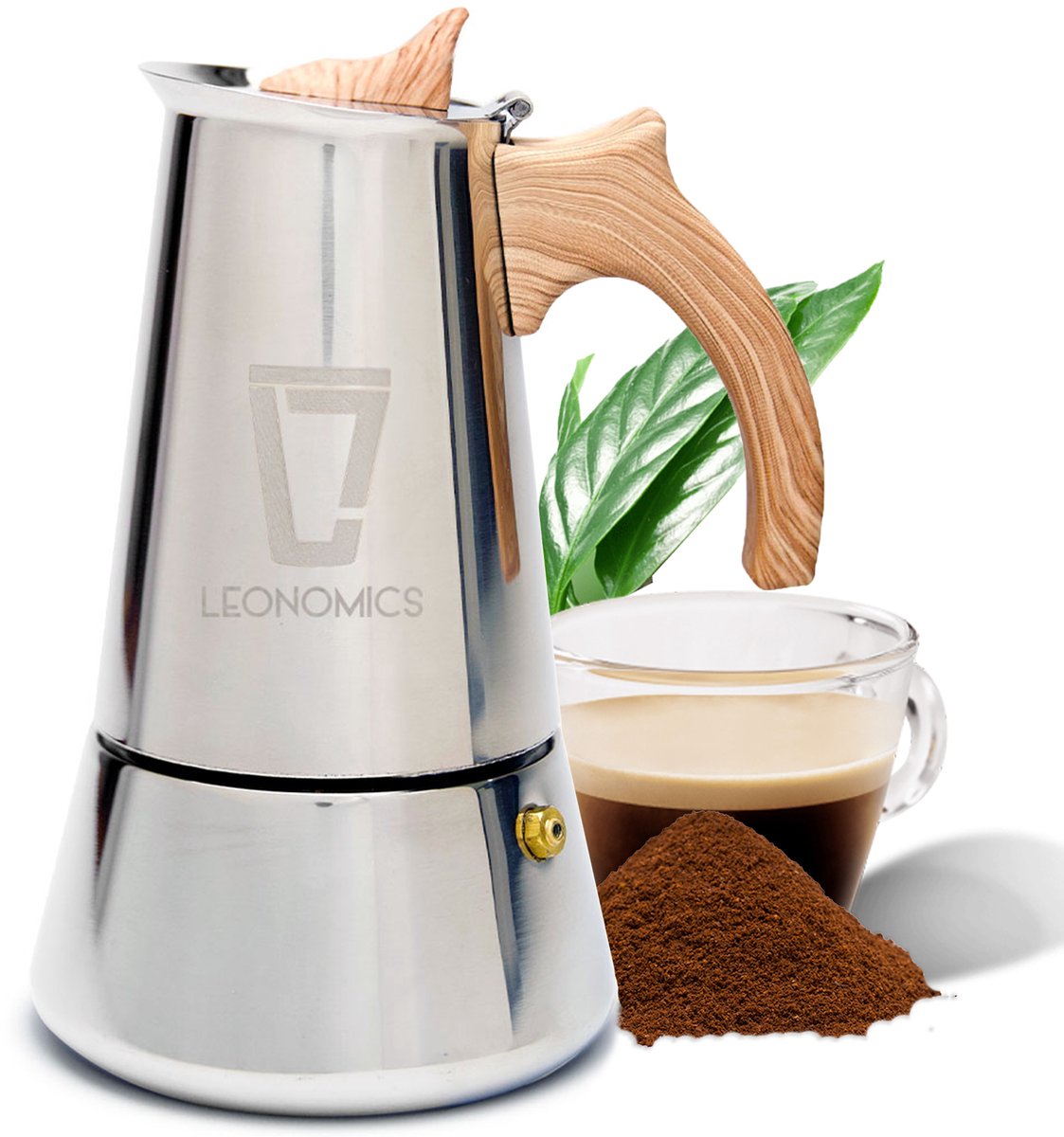 Moka Pot Percolator Inductie 300 ml 6 Kops – RVS Koffiezetapparaat met Houtlook Handvat – Espresso Maker – Leonomics